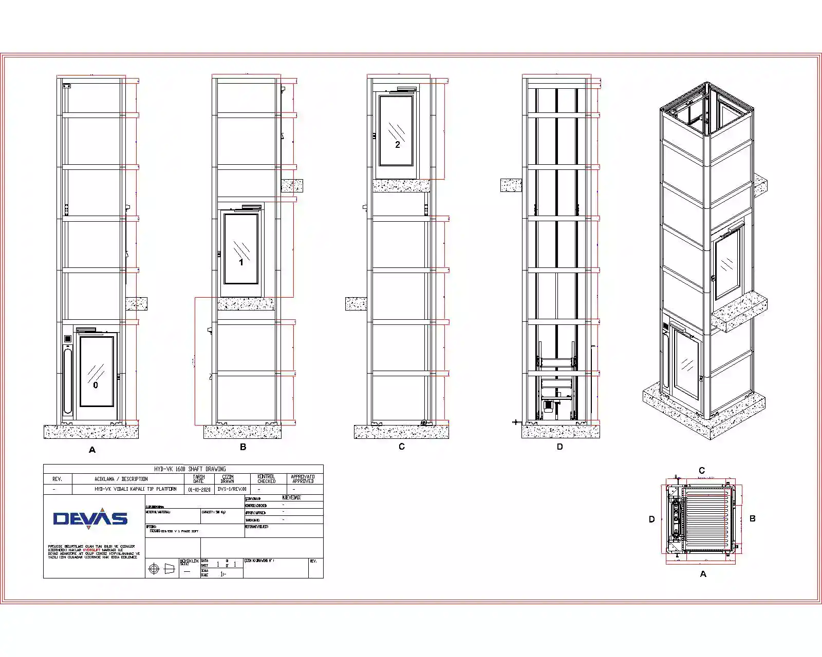 Bina dışı asansör için teknik ölçü çizimi
