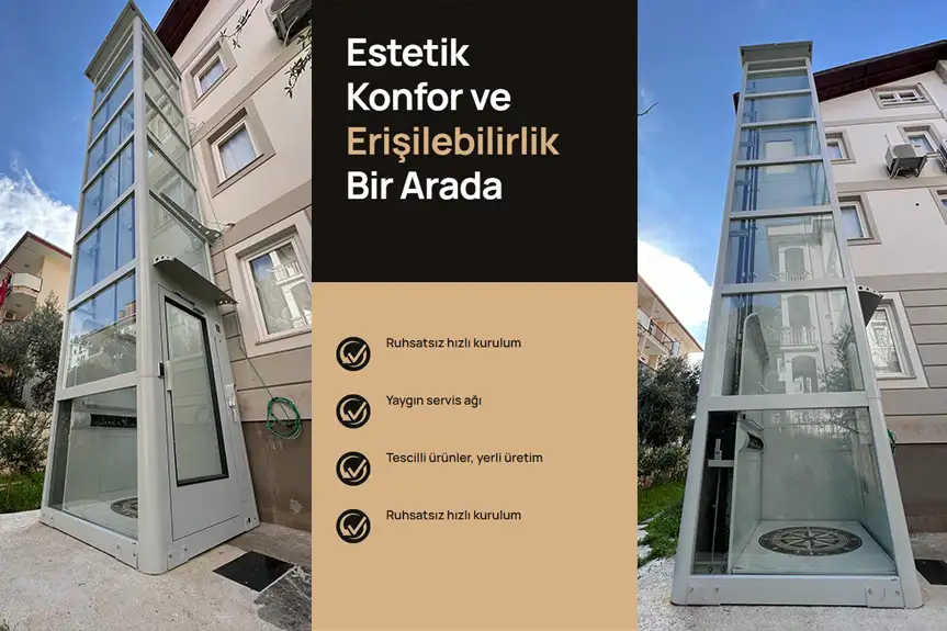 Cam kabinli dış cephe çözümü – şık ve sessiz sistem.