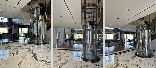Modern iç mekânda cam tüp asansör uygulaması